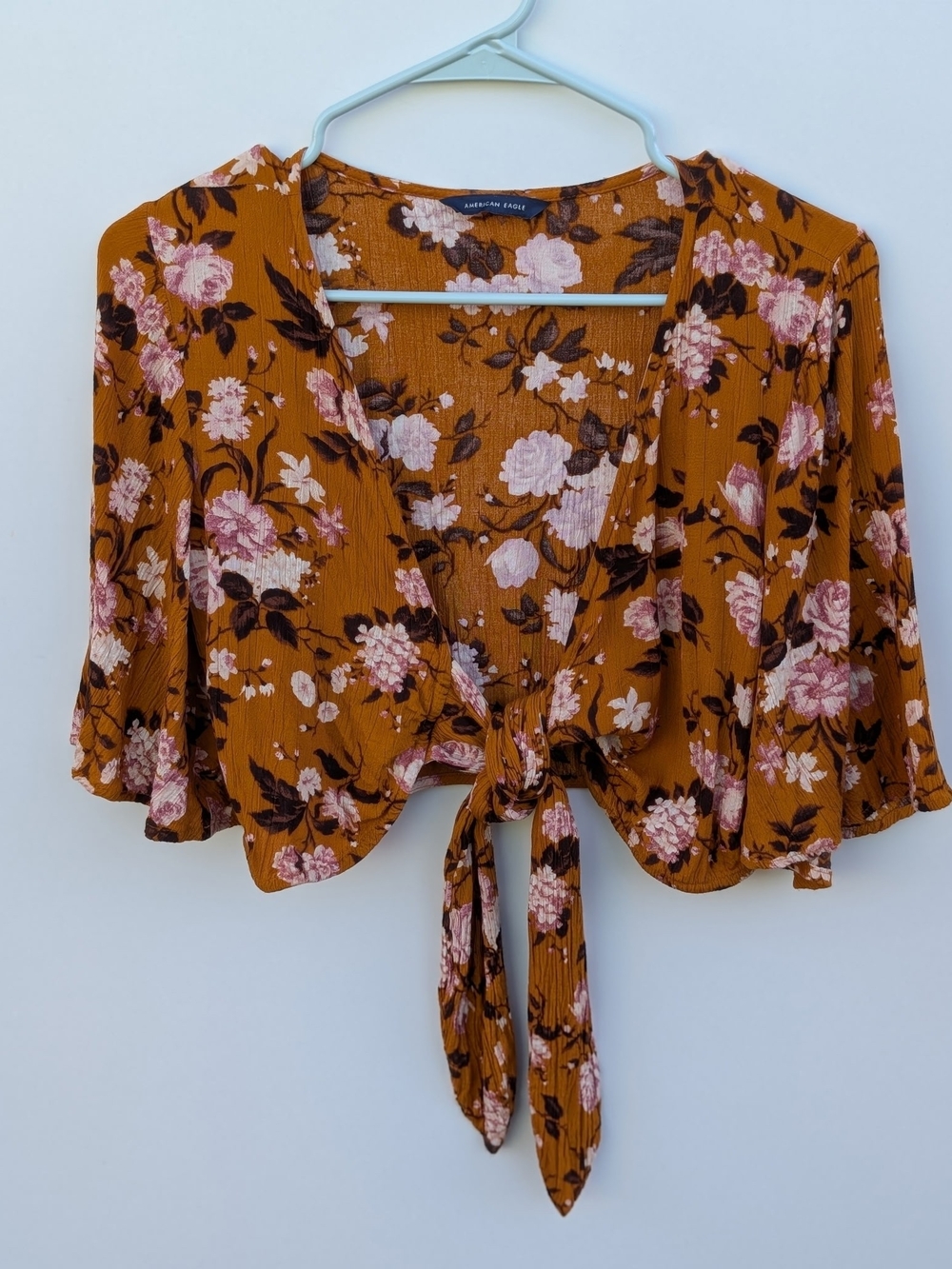 American Eagle Outfitters Mustard Yellow Floral Tie-Front Crop Blouse Size S